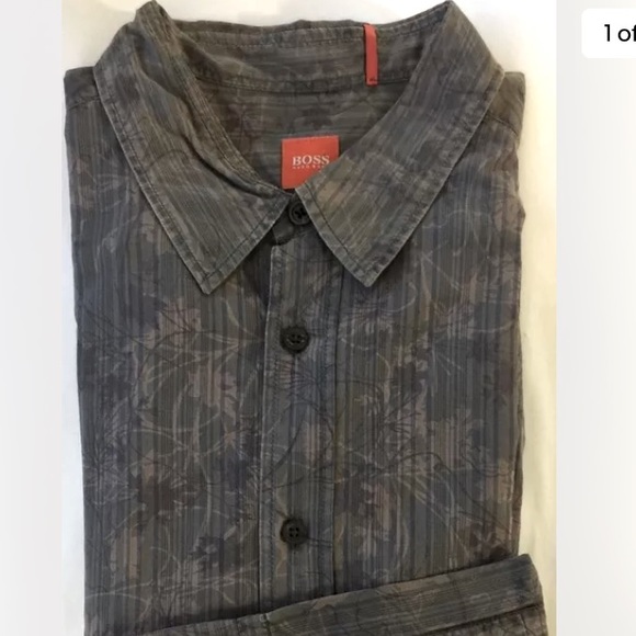 Hugo Boss Men Dress Shirt Brown Gray Floral Distress XL Cotton Long Sleeve - Picture 1 of 11